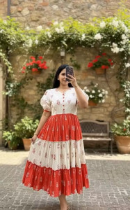 Womens Floral Printed Red White Tiered Cotton Anarkali Midi Dress