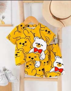 Kids Yellow Teddy Bear Print T-Shirt & Shorts Set