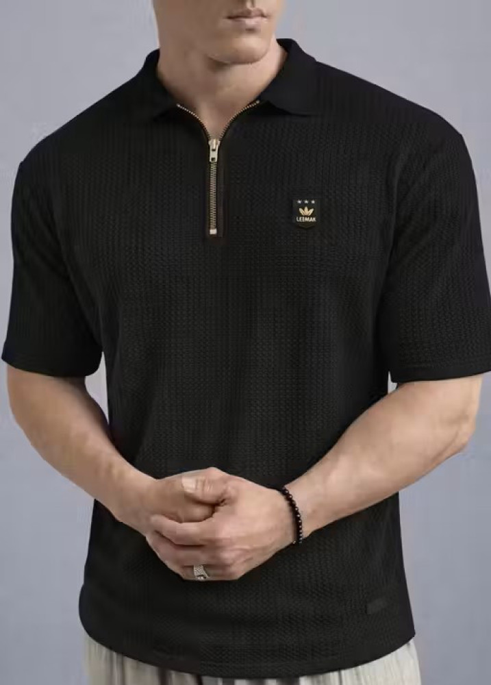 Leemak Men Solid Waffle Knit Half‑Sleeve Zipper Polo