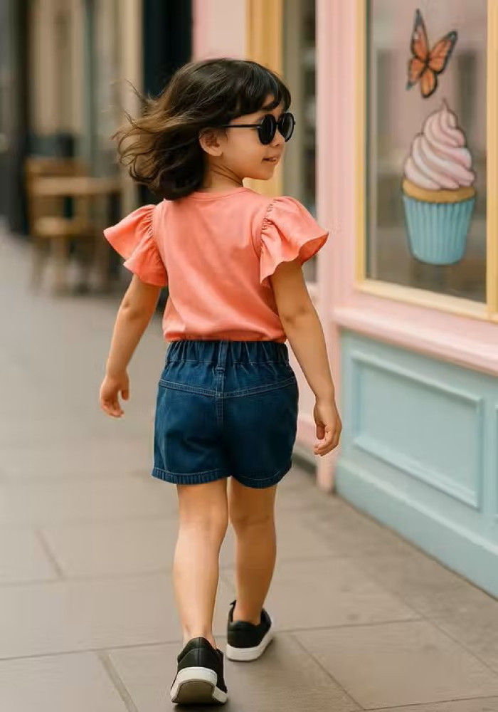 Peach Love Ruffle Sleeve Top & Denim Shorts Set