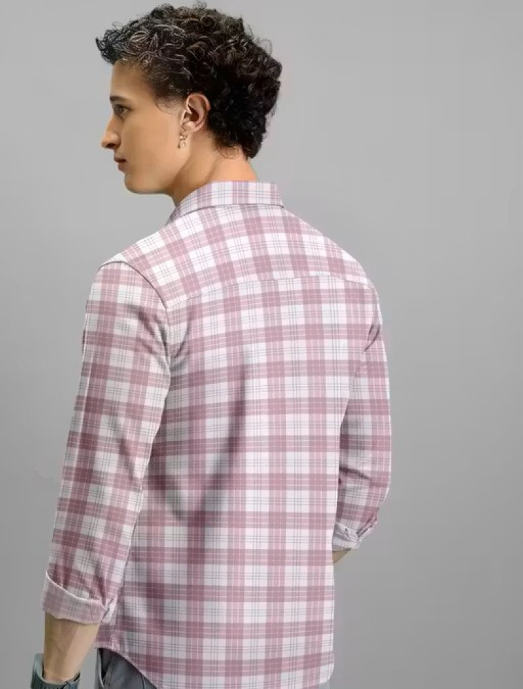 Mens Pink White Checked Casual Cotton Shirt