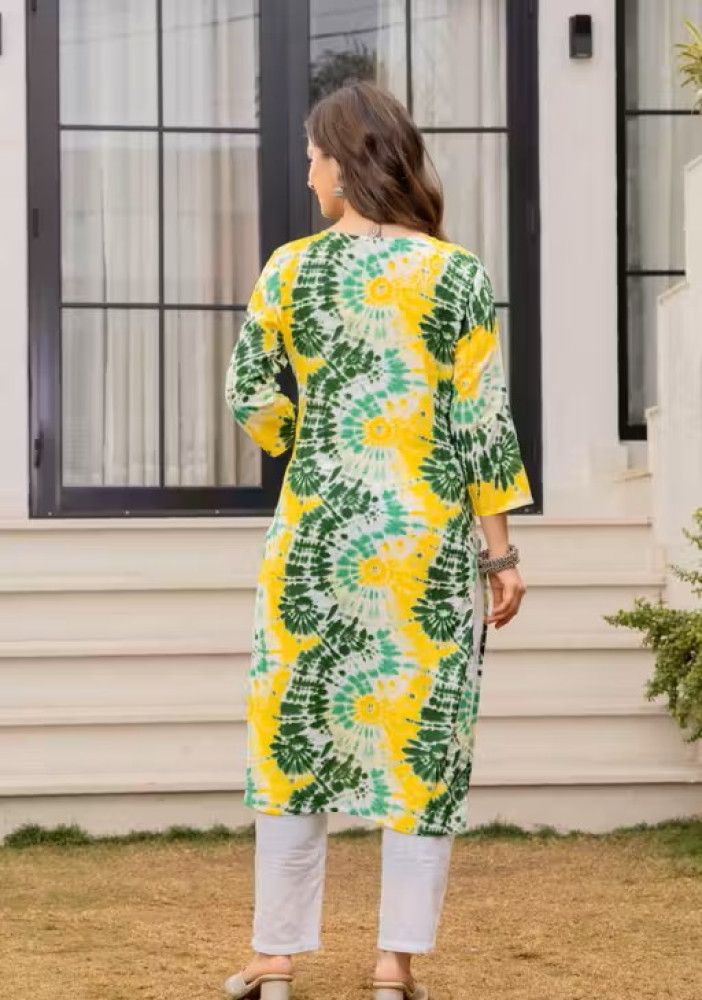 Women Yellow Tie Dye Printed Straight Kurti
