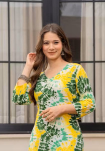 Women Yellow Tie Dye Printed Straight Kurti